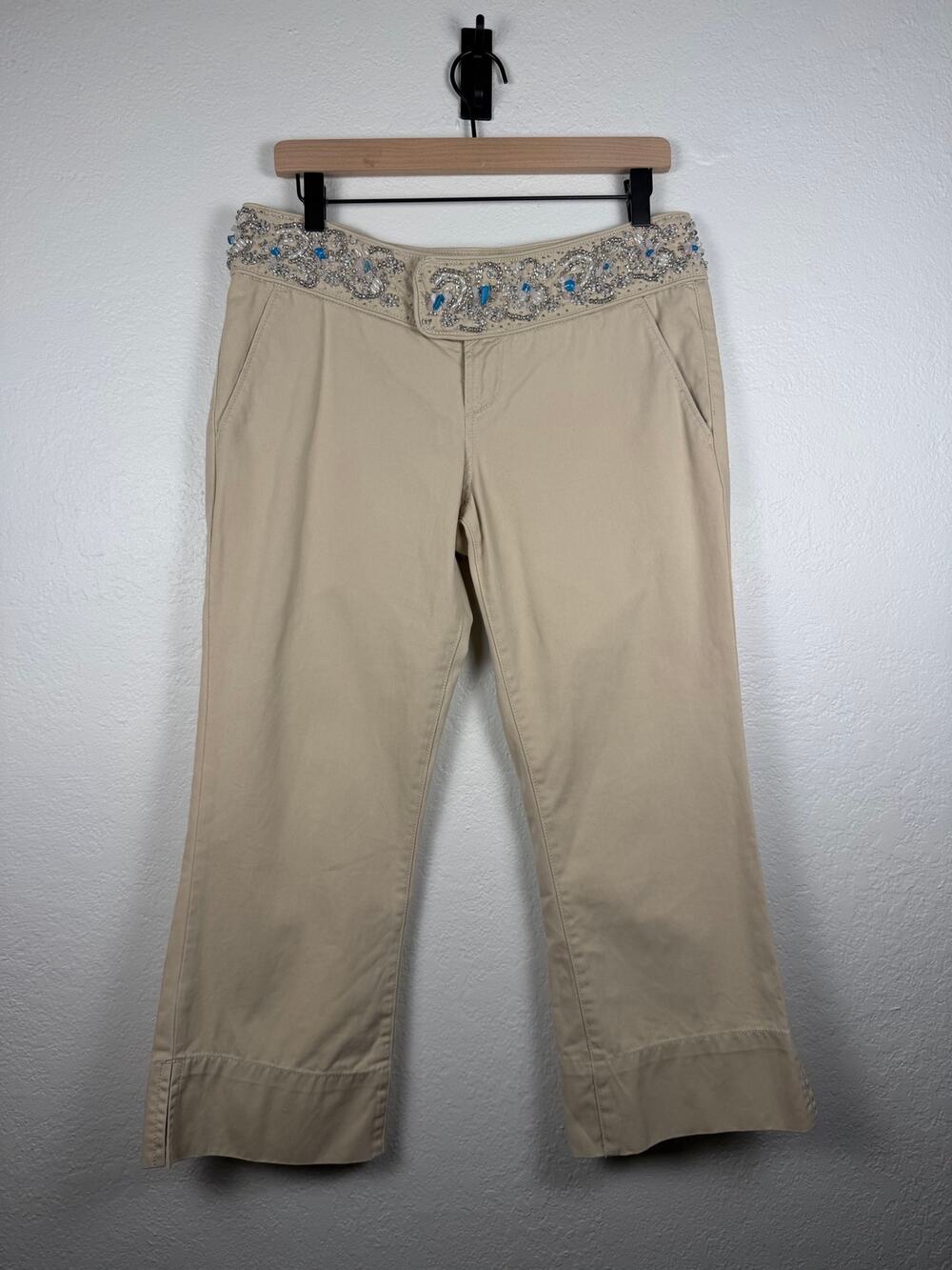 Y2K Beige Embellished Wide Leg Pants Beaded Rhinestone Boho Size 8